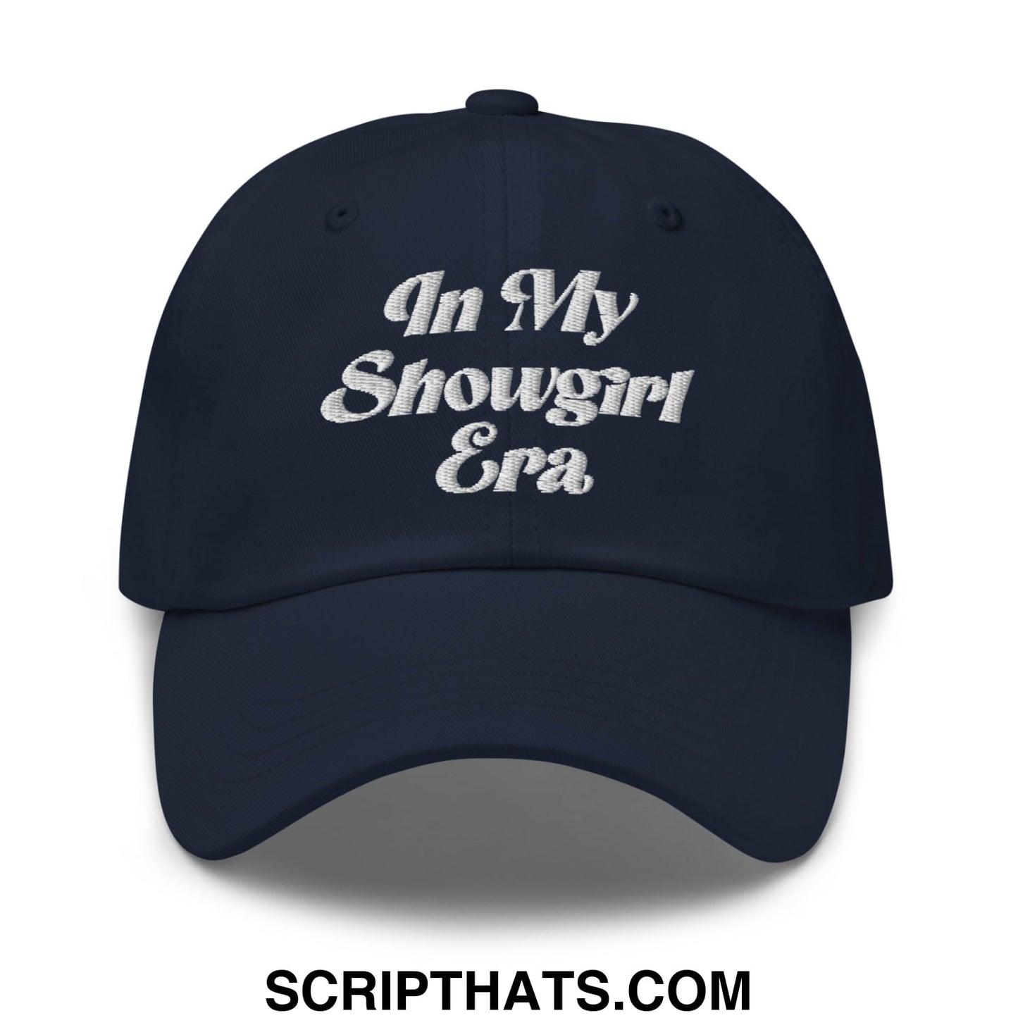 Navy blue unstructured dad hat with white embroidered in my showgirl era text for casual wear