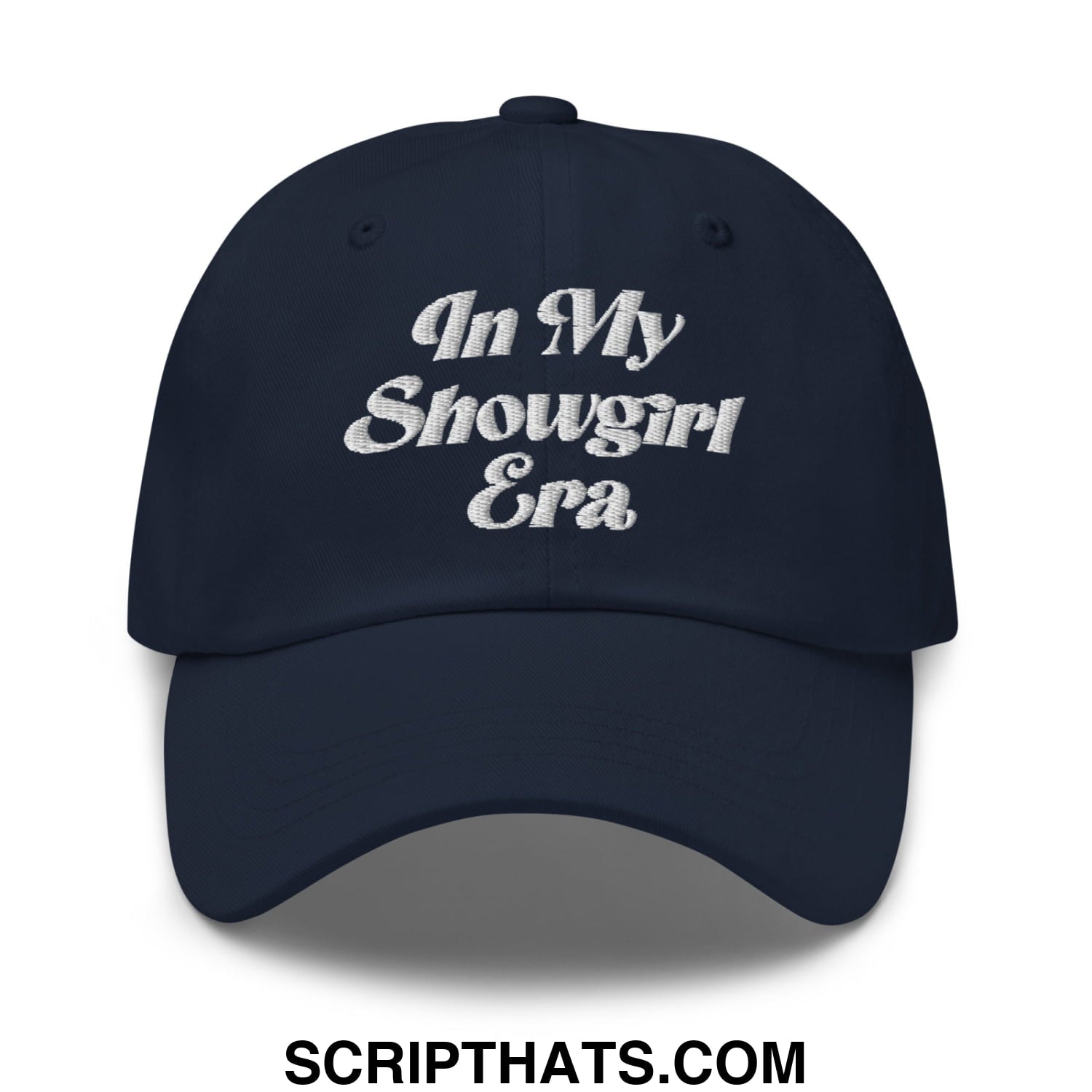 Navy blue unstructured dad hat with white embroidered in my showgirl era text for casual wear