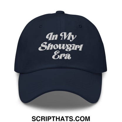 Navy blue unstructured dad hat with white embroidered in my showgirl era text for casual wear