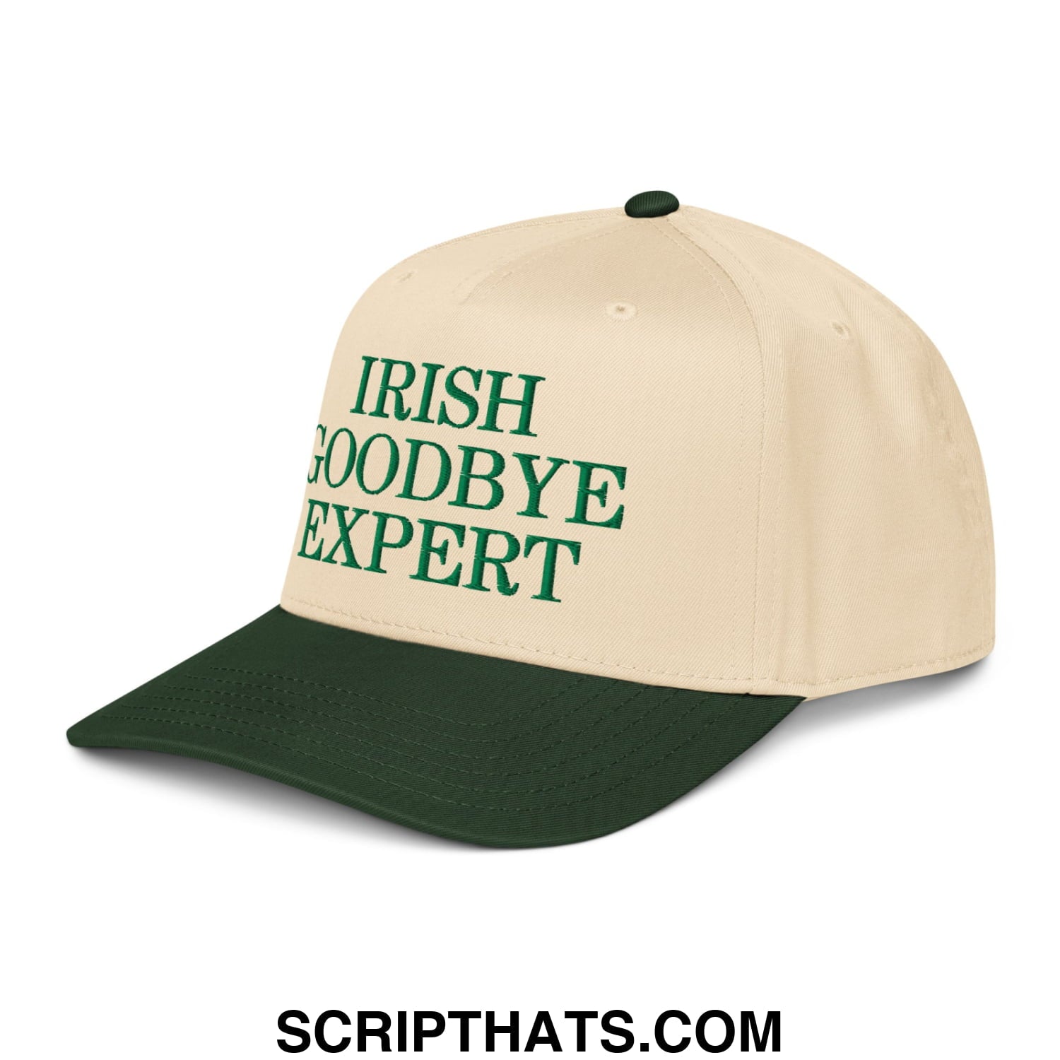 Beige and dark green two-tone baseball snapback hat with irish goodbye expert embroidered in bold green lettering