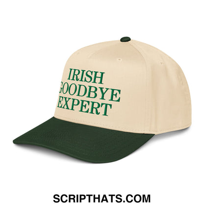 Beige and dark green two-tone baseball snapback hat with irish goodbye expert embroidered in bold green lettering