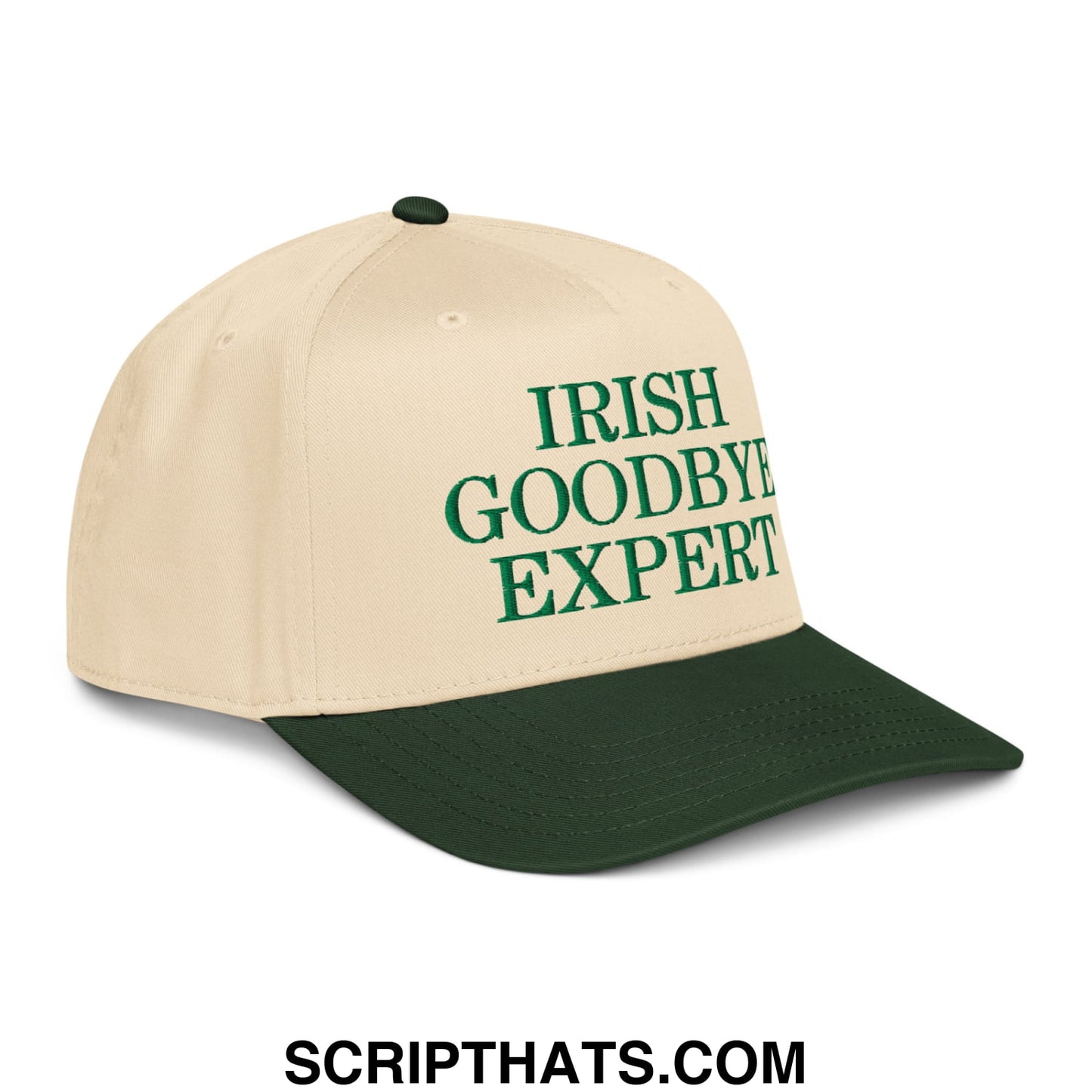 Beige and dark green two-tone baseball snapback hat with irish goodbye expert embroidered in bold green lettering