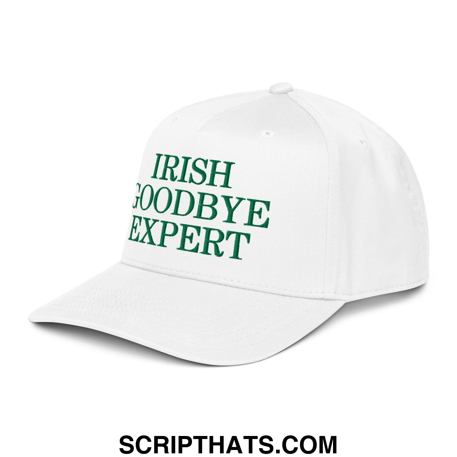 White baseball snapback hat with green embroidered irish goodbye expert text on front panel