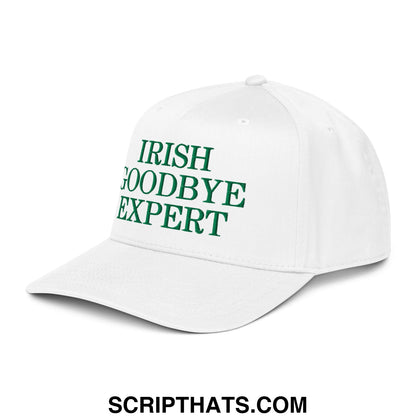 White baseball snapback hat with green embroidered irish goodbye expert text on front panel