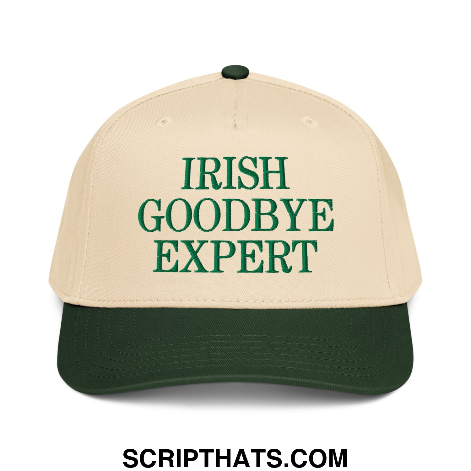 Beige and dark green Irish Goodbye Expert embroidered baseball snapback hat with bold green lettering