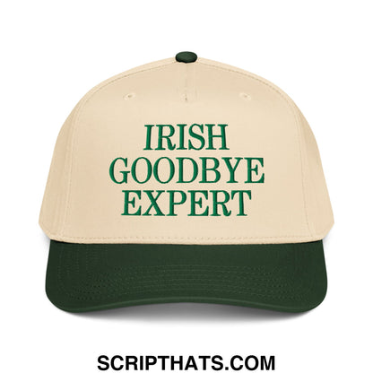 Beige and dark green Irish Goodbye Expert embroidered baseball snapback hat with bold green lettering