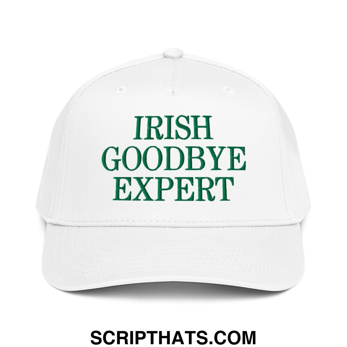 White baseball snapback hat with green embroidered text irish goodbye expert on the front panel