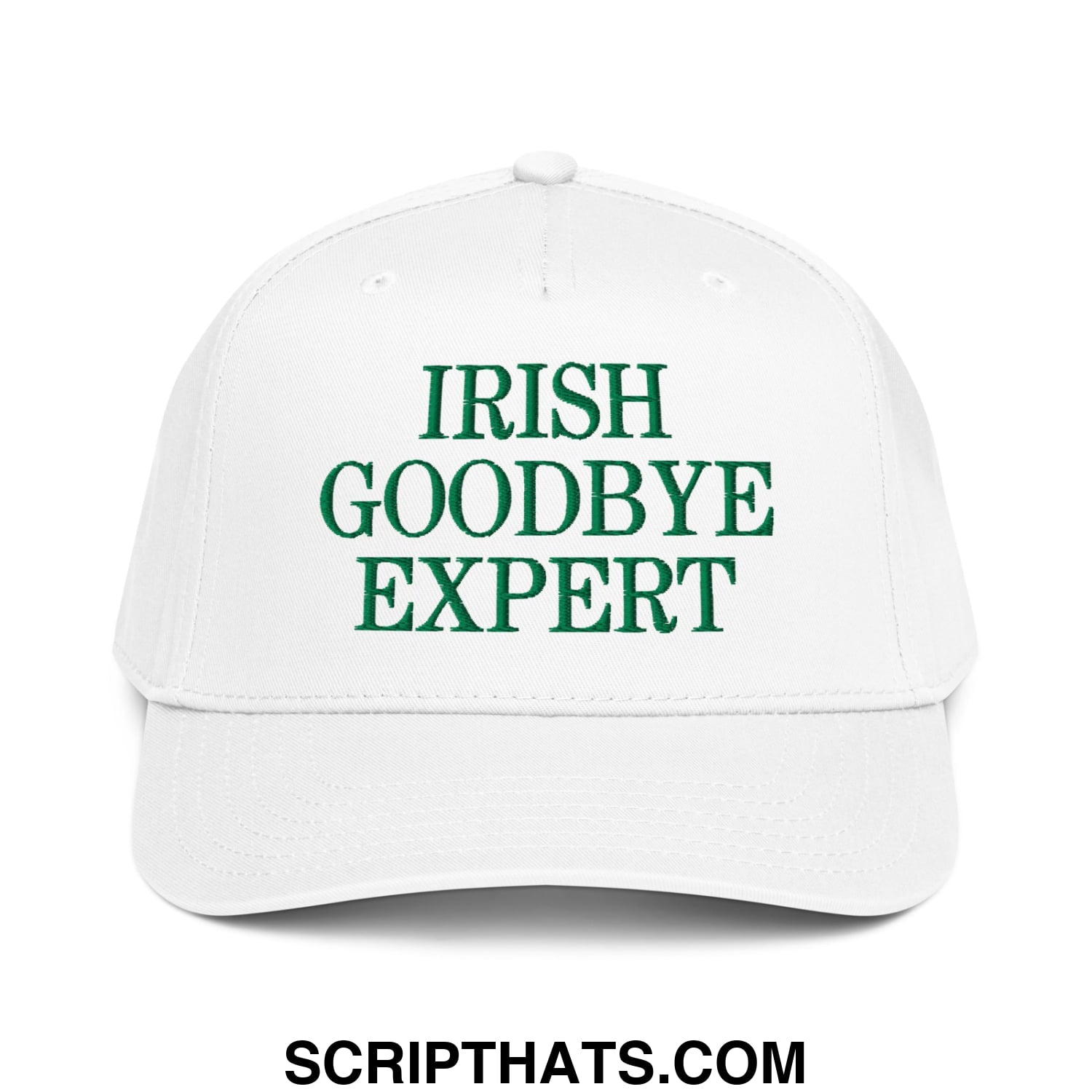 White baseball snapback hat with green embroidered text irish goodbye expert on the front panel