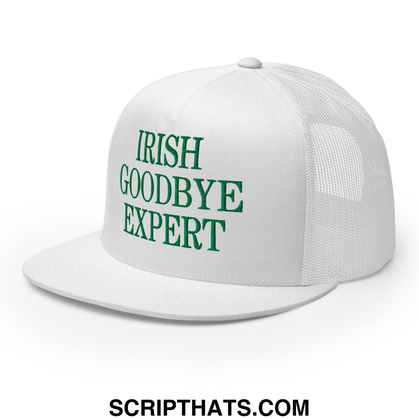 White mesh trucker hat with green embroidered irish goodbye expert text and flat bill brim