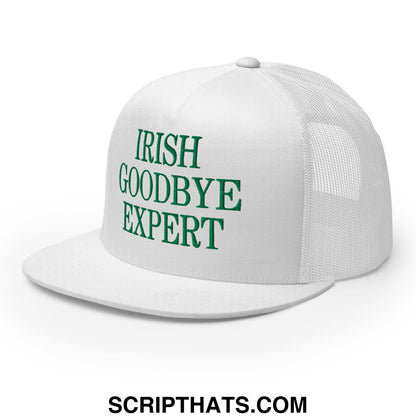 White mesh trucker hat with green embroidered irish goodbye expert text and flat bill brim