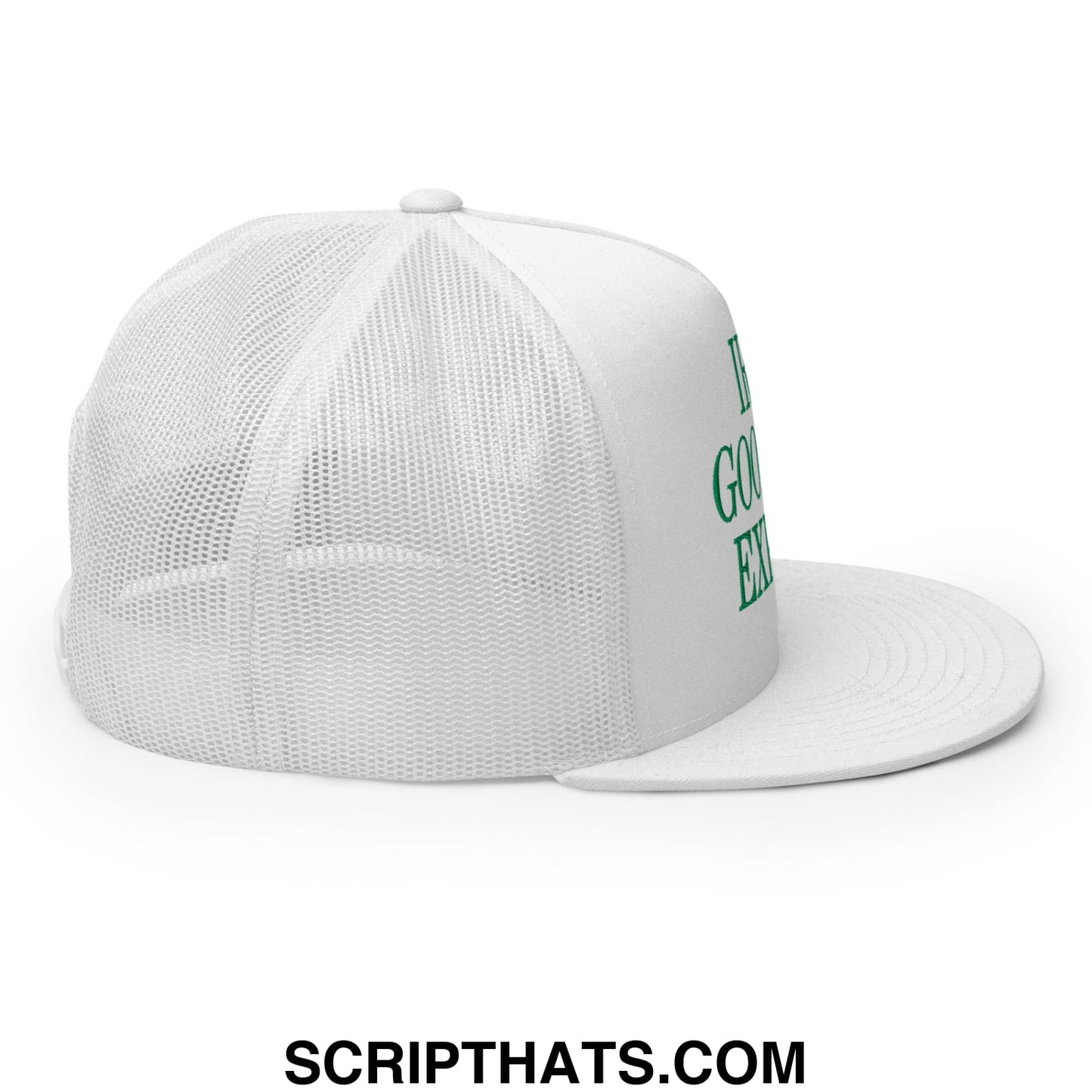White Irish Goodbye Expert mesh trucker hat with green embroidered text and flat bill brim showing the side view