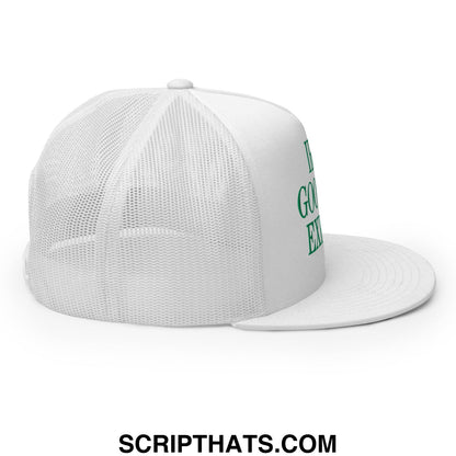 White Irish Goodbye Expert mesh trucker hat with green embroidered text and flat bill brim showing the side view