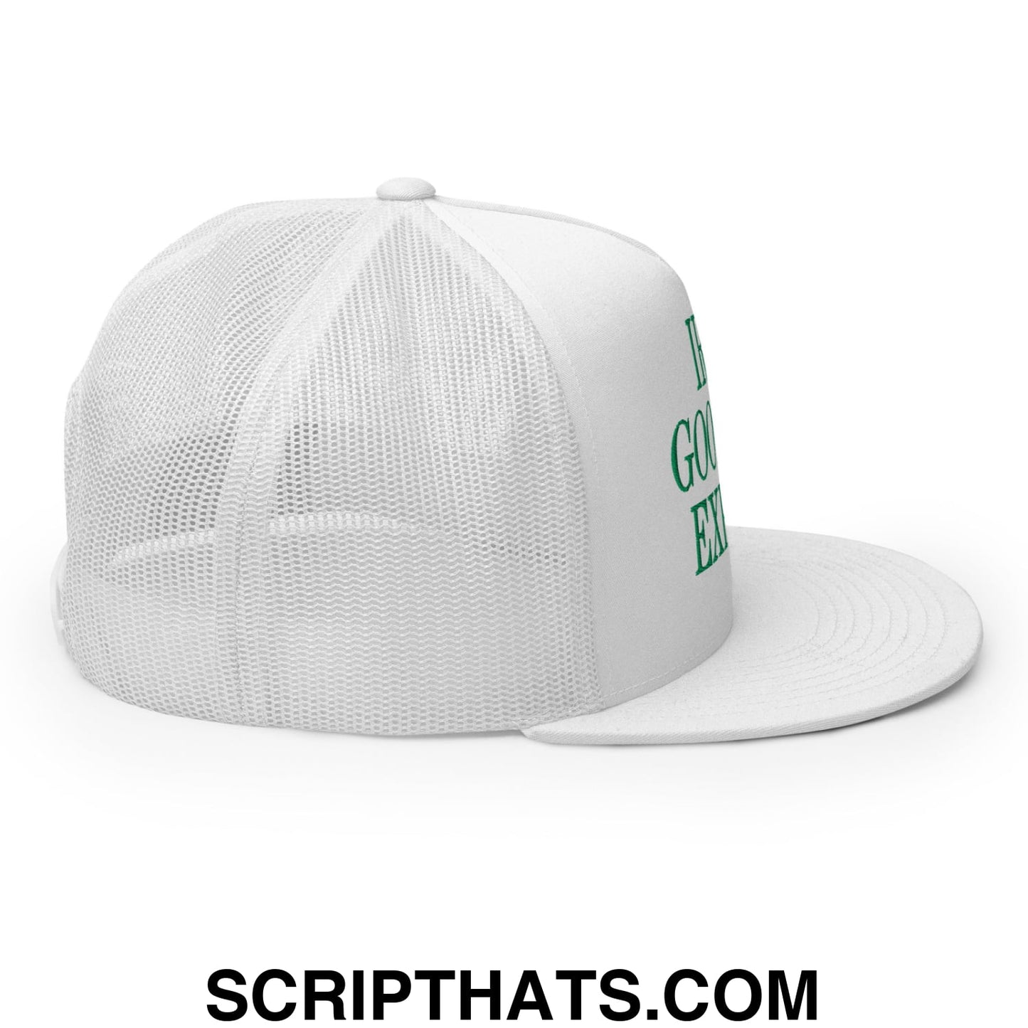 Irish Goodbye Expert Embroidered Flat Bill Brim Mesh Trucker Hat White