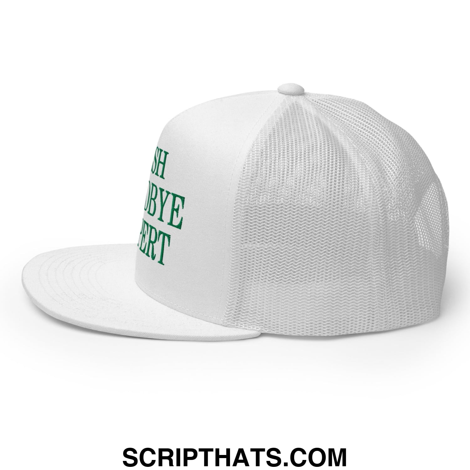 White mesh trucker hat with green embroidered shobye fert text on the side flat bill brim irish goodbye expert design