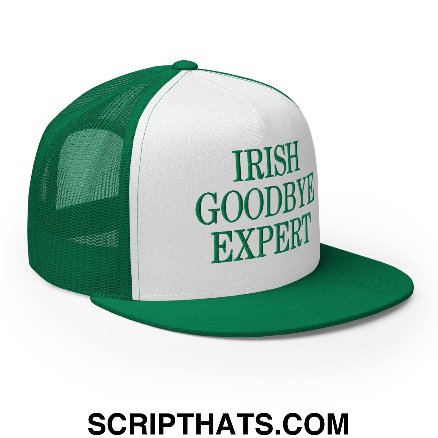 Irish Goodbye Expert Embroidered Flat Bill Brim Mesh Trucker Hat Kelly White Kelly