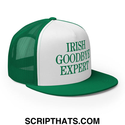 Irish Goodbye Expert Embroidered Flat Bill Brim Mesh Trucker Hat Kelly White Kelly