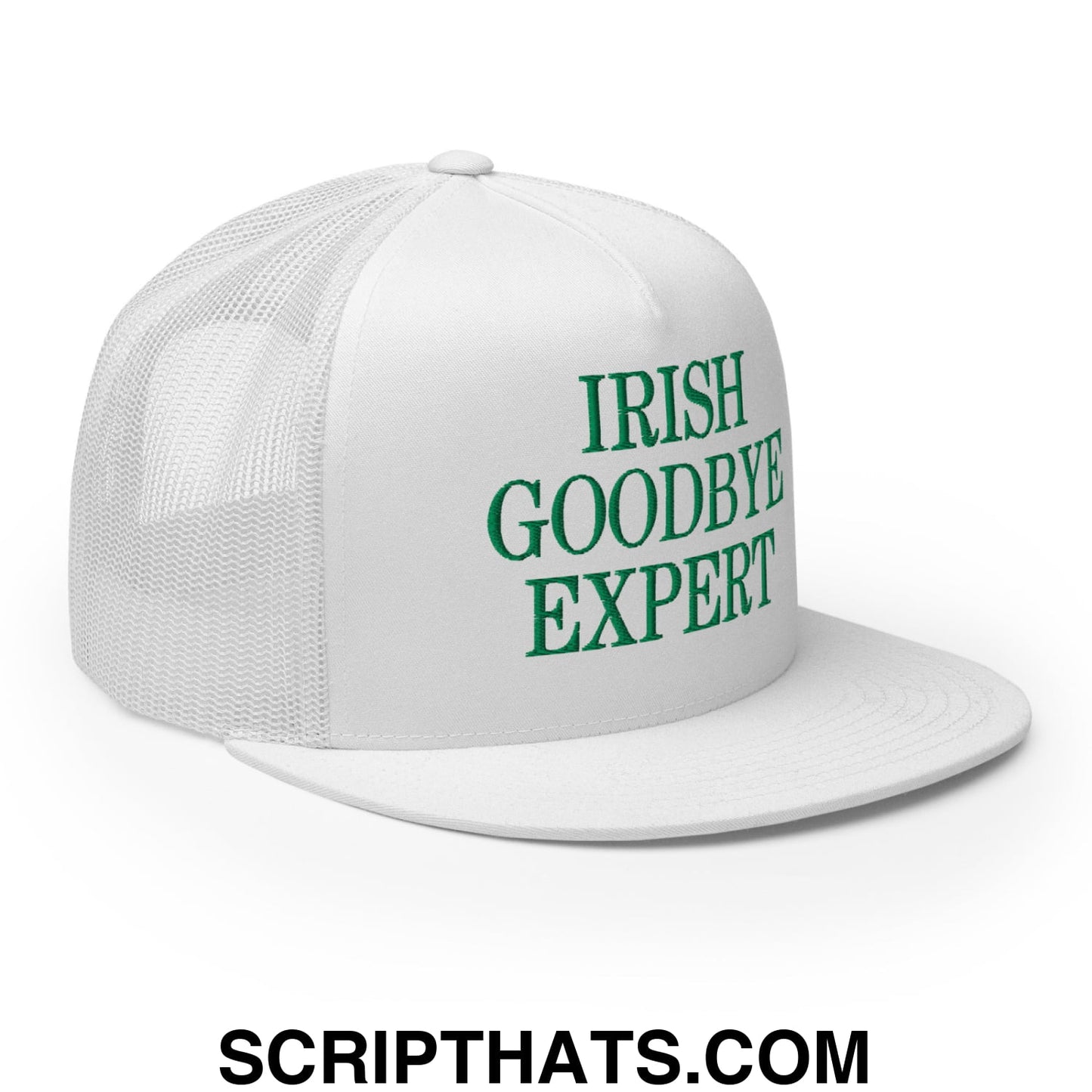 Irish Goodbye Expert Embroidered Flat Bill Brim Mesh Trucker Hat White