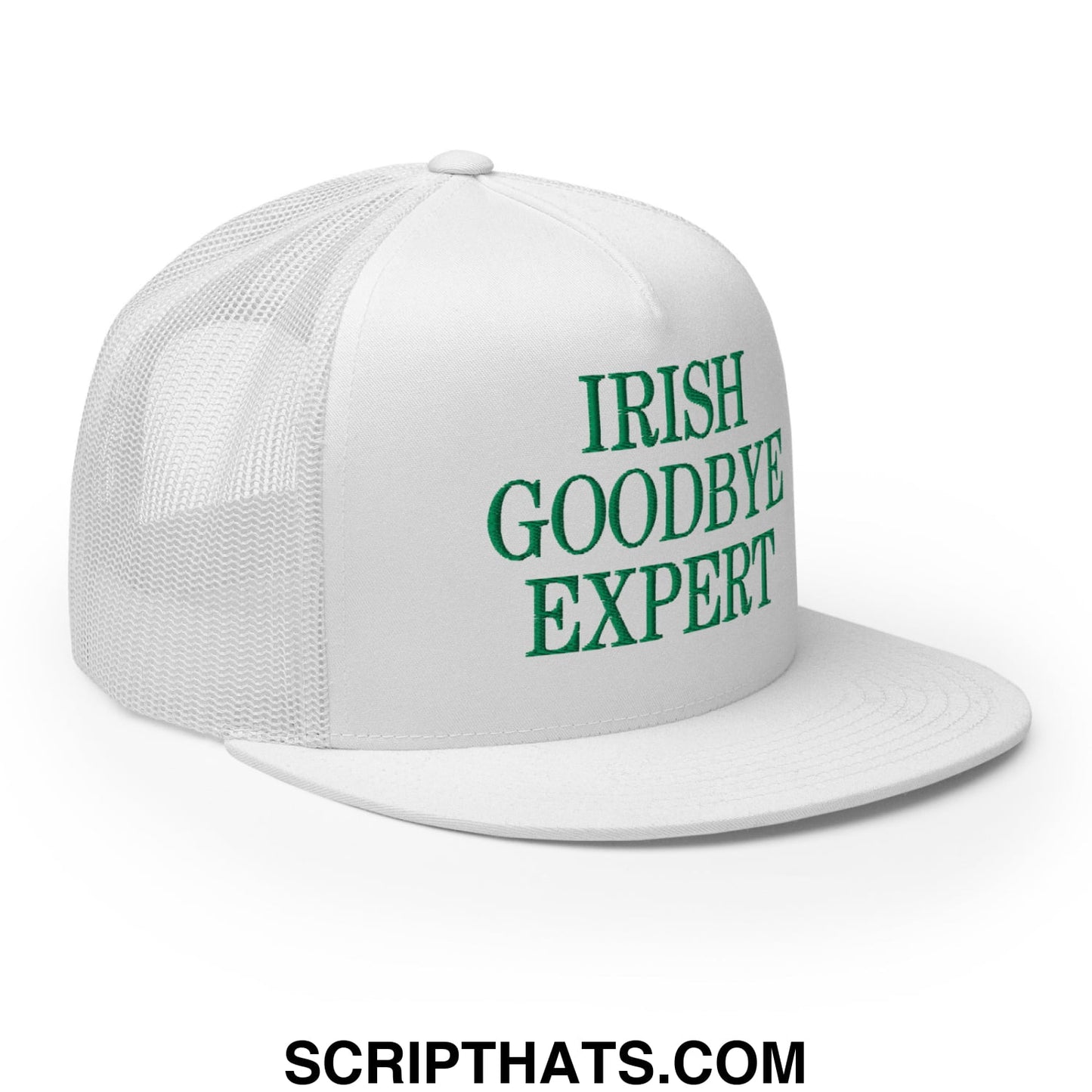 White mesh trucker hat with green embroidered irish goodbye expert text and flat bill brim design