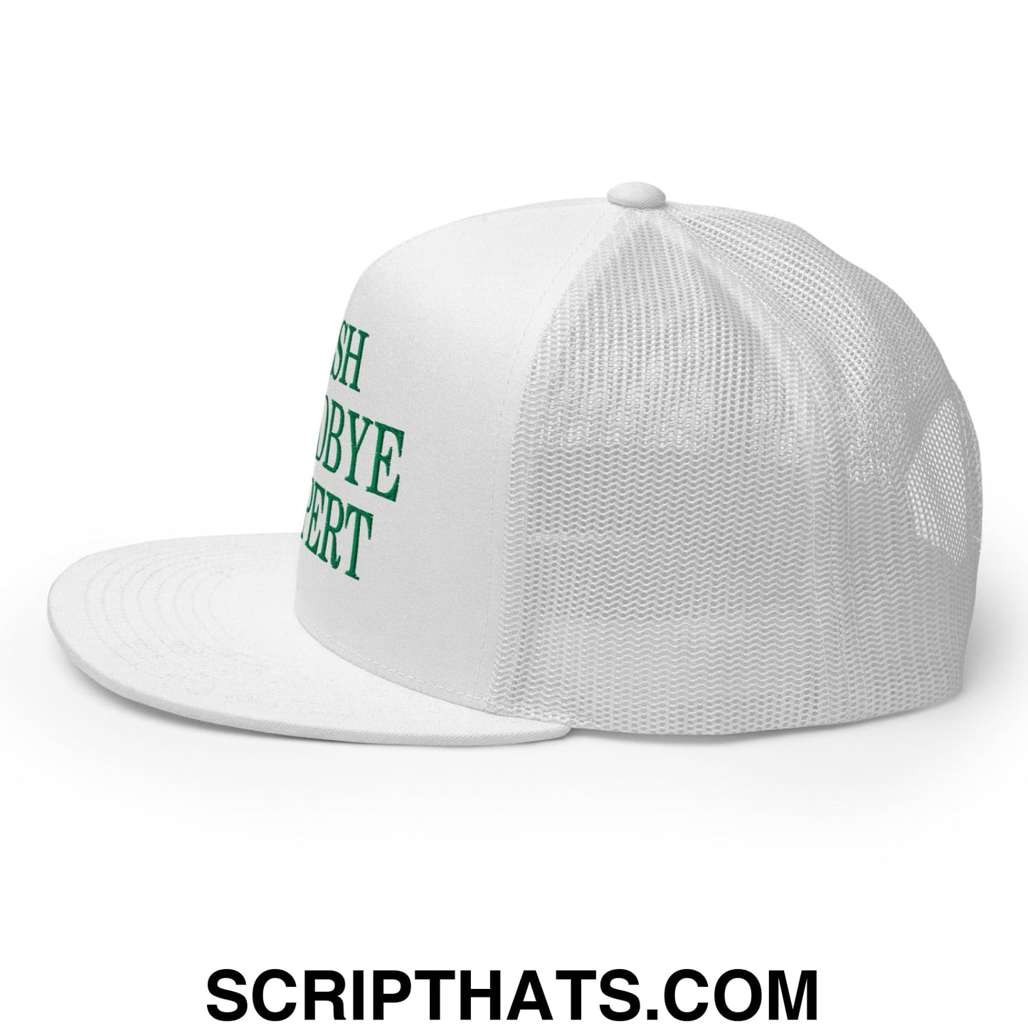 Irish Goodbye Expert Embroidered Flat Bill Brim Mesh Trucker Hat White