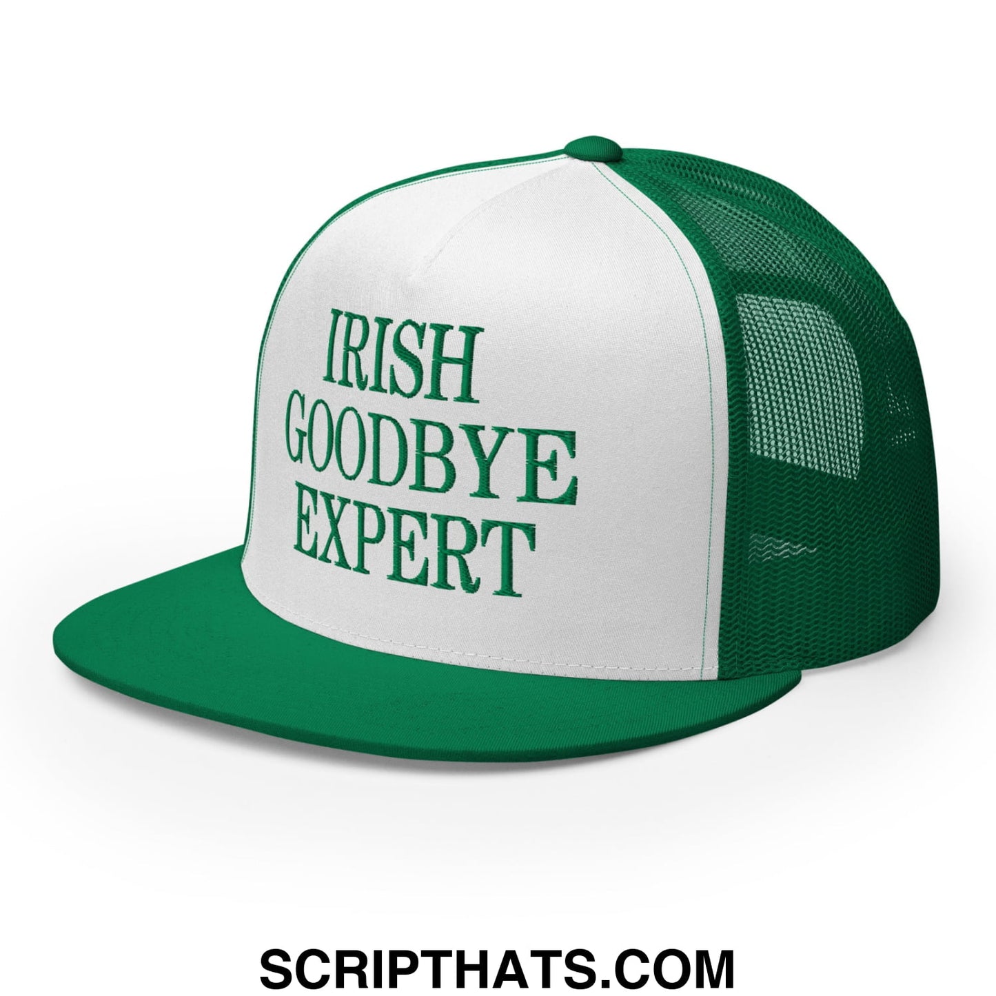 Green and white mesh trucker hat with flat bill brim embroidered with irish goodbye expert on the front