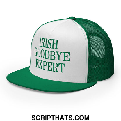 Green and white mesh trucker hat with flat bill brim embroidered with irish goodbye expert on the front
