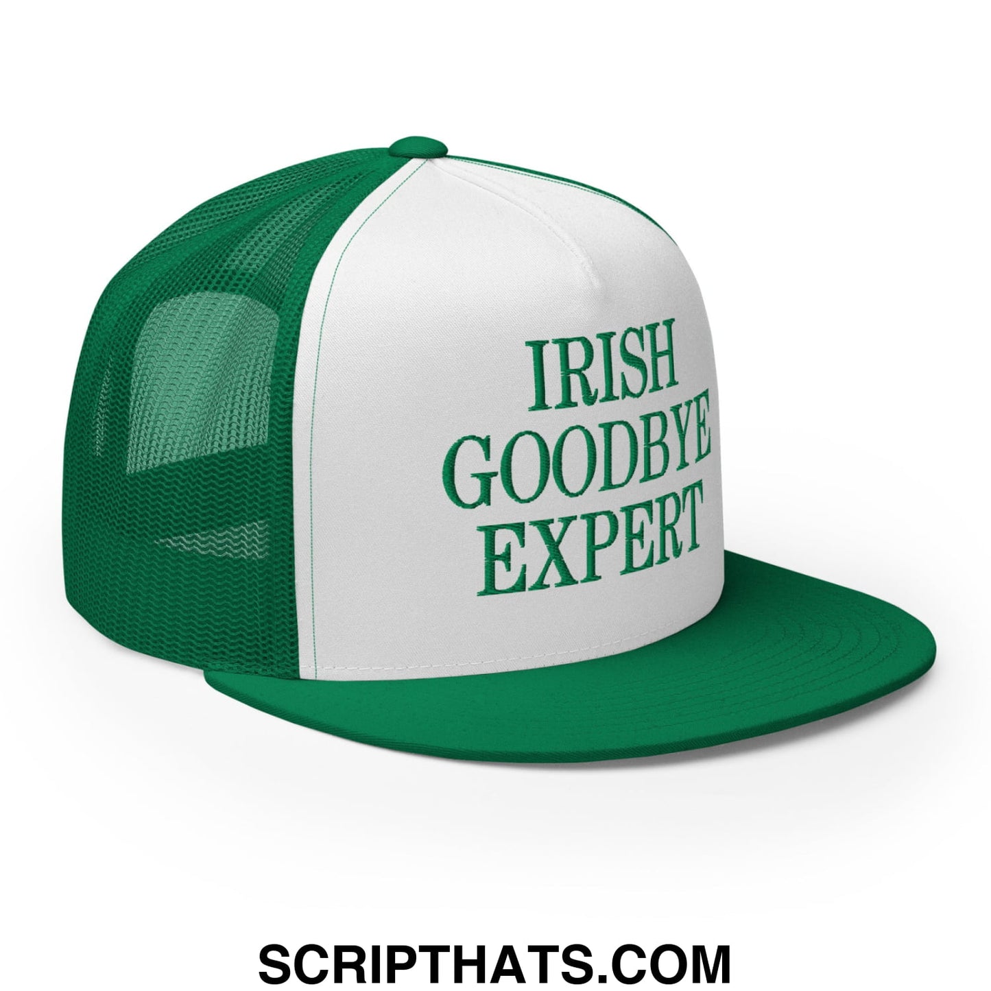 Green and white mesh trucker hat with irish goodbye expert embroidered on front panel and flat bill brim