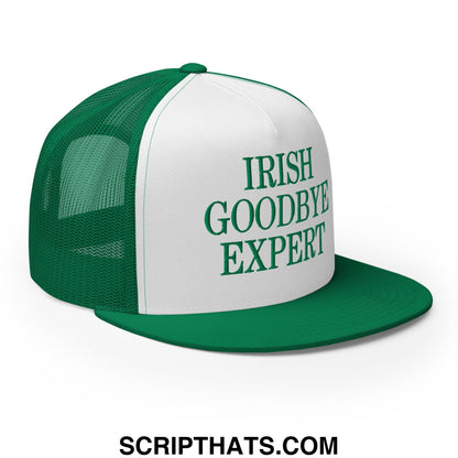Green and white mesh trucker hat with irish goodbye expert embroidered on front panel and flat bill brim