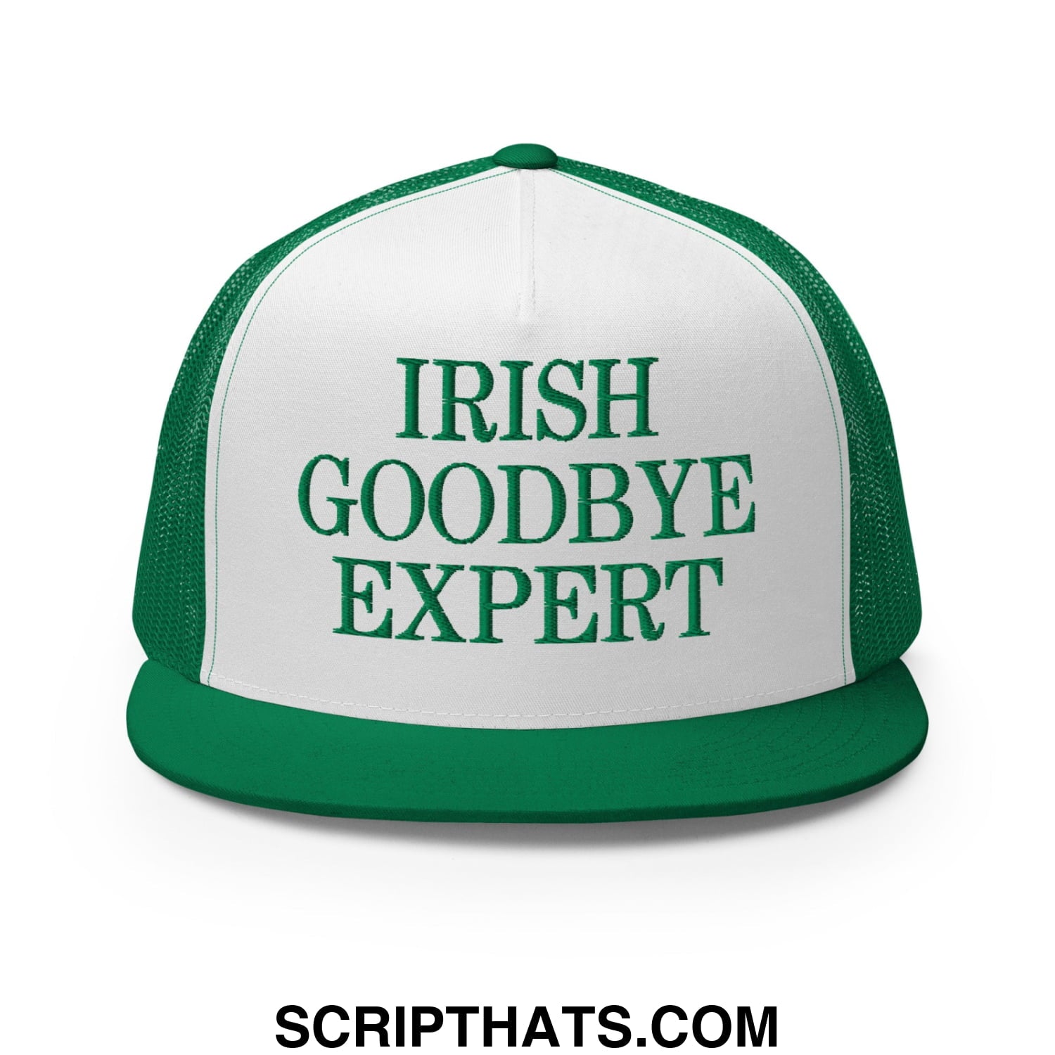 Green and white mesh trucker hat with embroidered Irish Goodbye Expert text and flat bill brim design