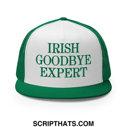 Green and white mesh trucker hat with embroidered Irish Goodbye Expert text and flat bill brim design