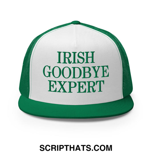 Irish Goodbye Expert Embroidered Flat Bill Brim Mesh Trucker Hat Kelly White Kelly