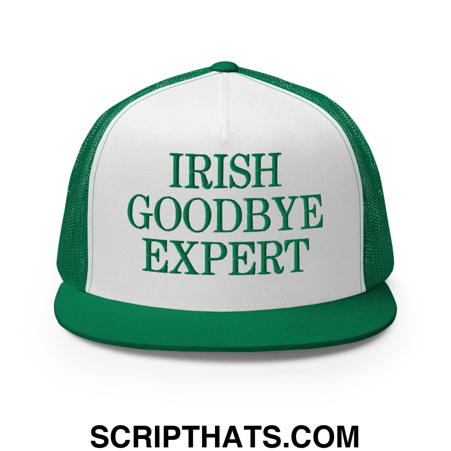 Irish Goodbye Expert Embroidered Flat Bill Brim Mesh Trucker Hat Kelly White Kelly