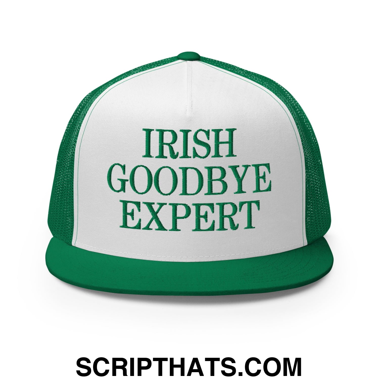 Irish Goodbye Expert Embroidered Flat Bill Brim Mesh Trucker Hat Kelly White Kelly