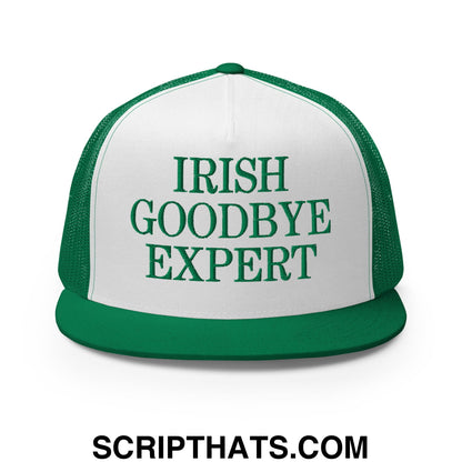 Irish Goodbye Expert Embroidered Flat Bill Brim Mesh Trucker Hat Kelly White Kelly