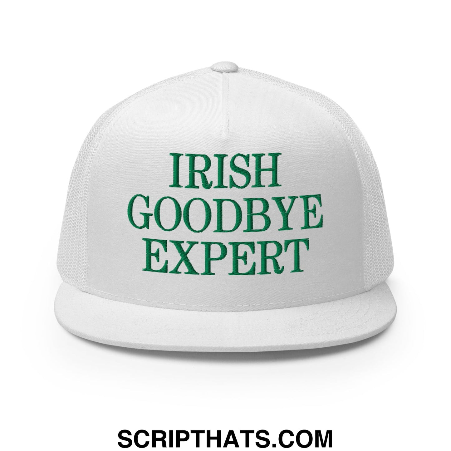 White mesh trucker hat with flat bill brim and green embroidered irish goodbye expert text