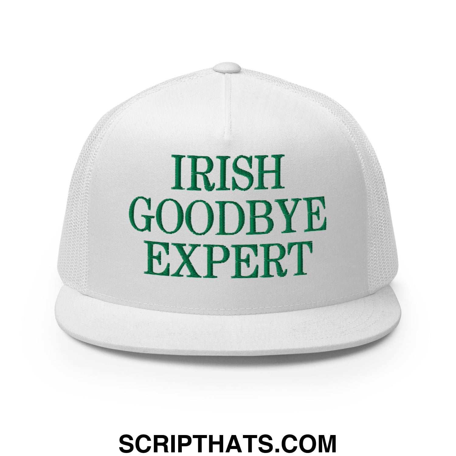 White mesh trucker hat with flat bill brim and green embroidered irish goodbye expert text