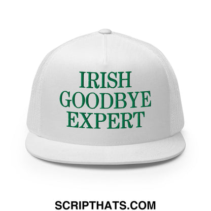 White mesh trucker hat with flat bill brim and green embroidered irish goodbye expert text