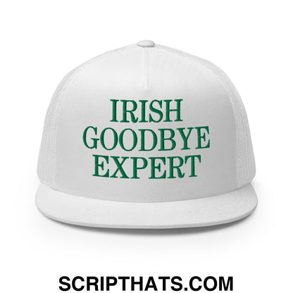 Irish Goodbye Expert Embroidered Flat Bill Brim Mesh Trucker Hat White