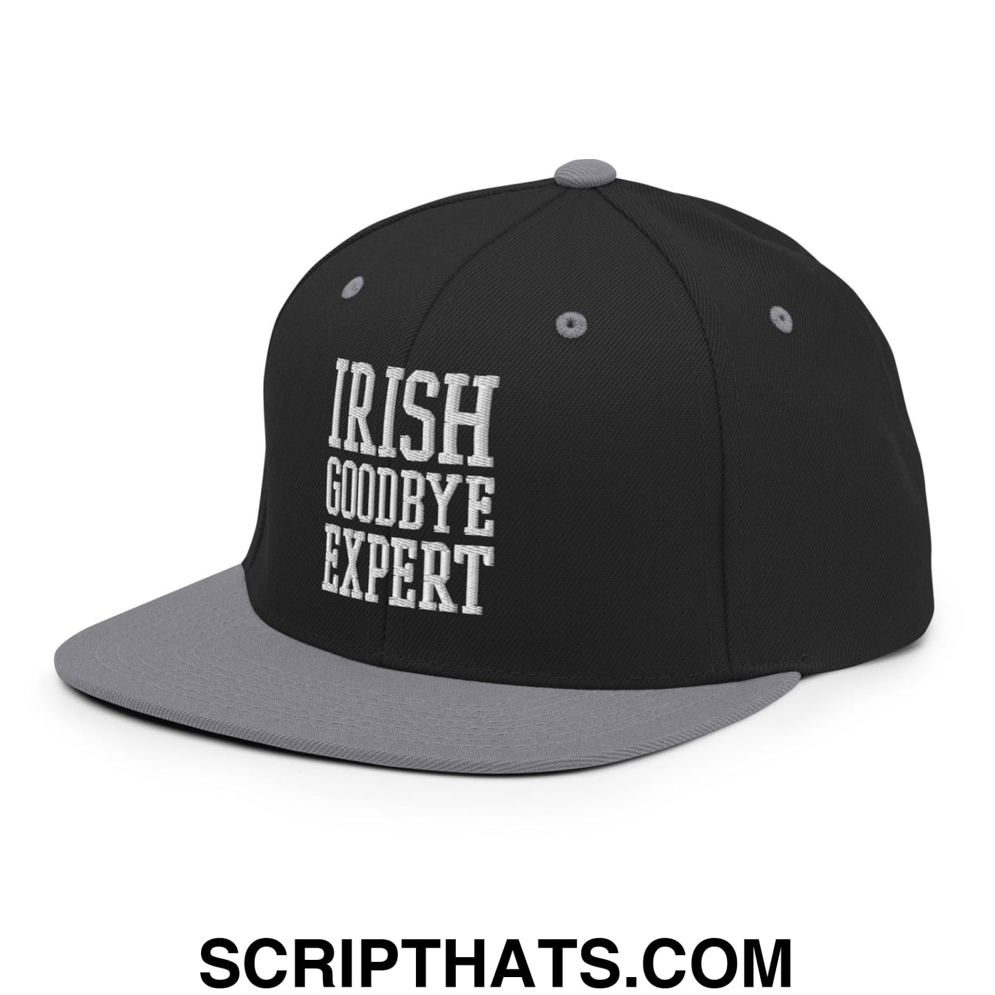 Irish Goodbye Expert Embroidered Flat Bill Brim Snapback Hat Black Silver