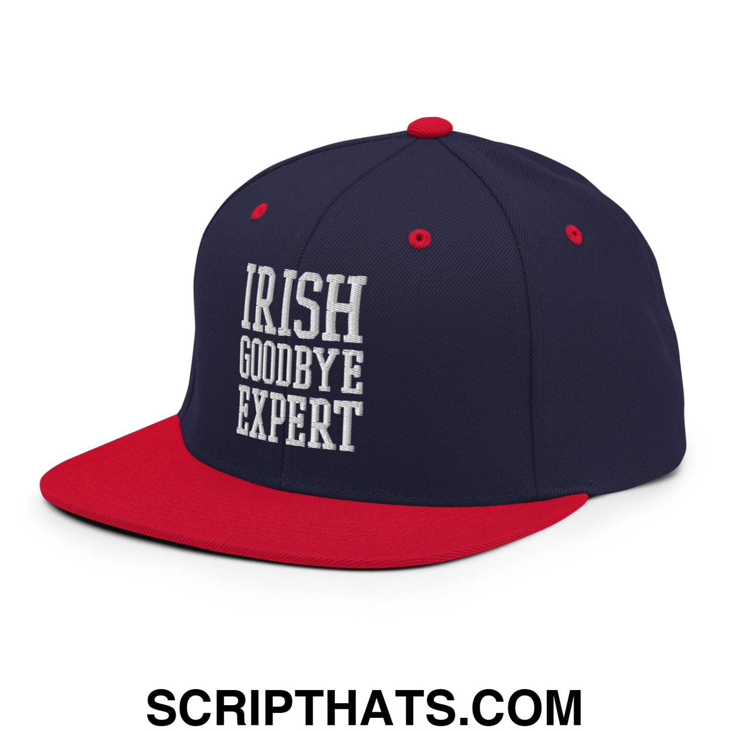 Irish Goodbye Expert Embroidered Flat Bill Brim Snapback Hat Navy Red