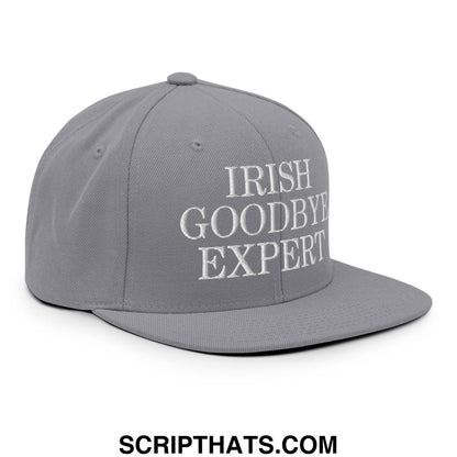 Gray snapback hat with white embroidered irish goodbye expert text and flat bill brim for casual wear