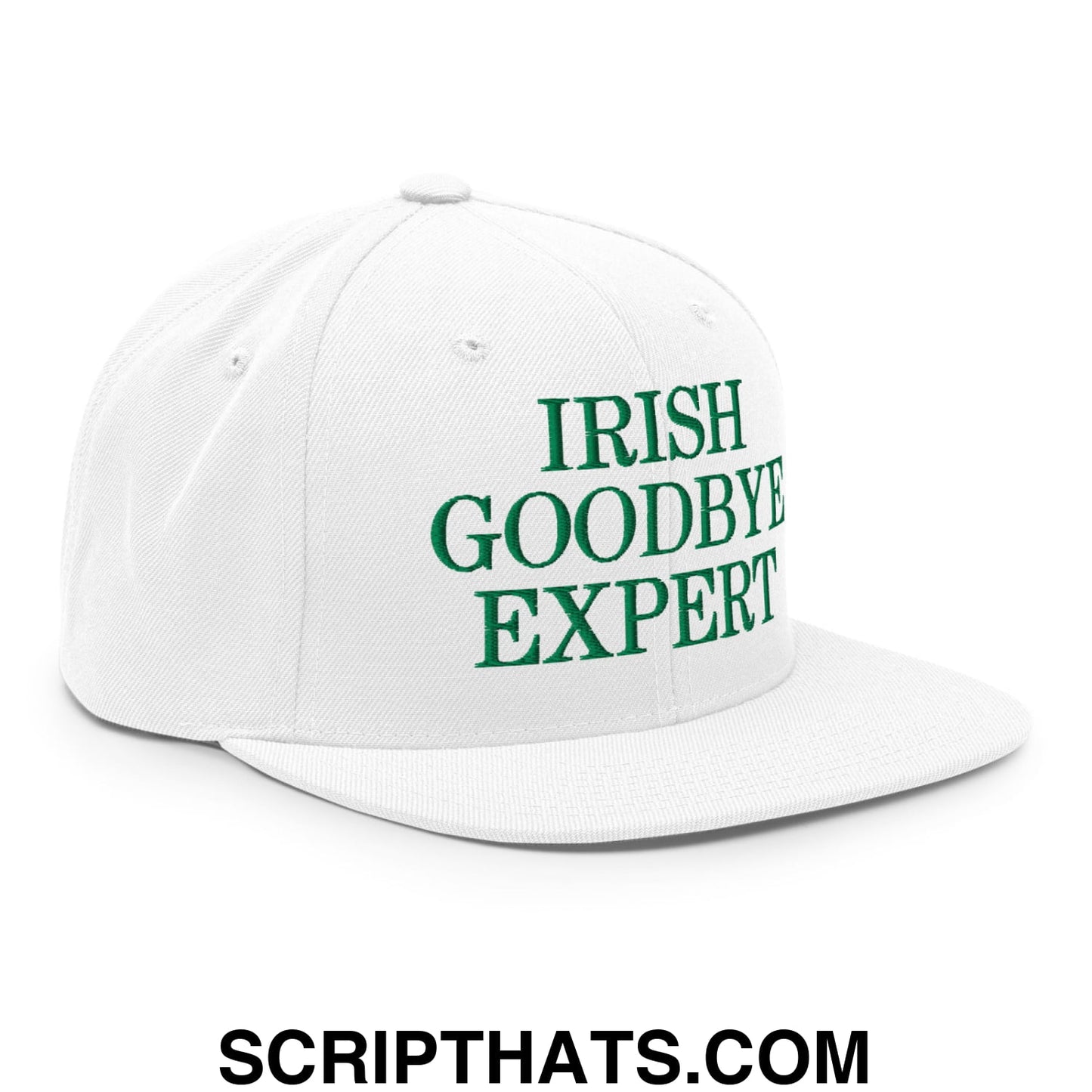Irish Goodbye Expert Embroidered Flat Bill Brim Snapback Hat White