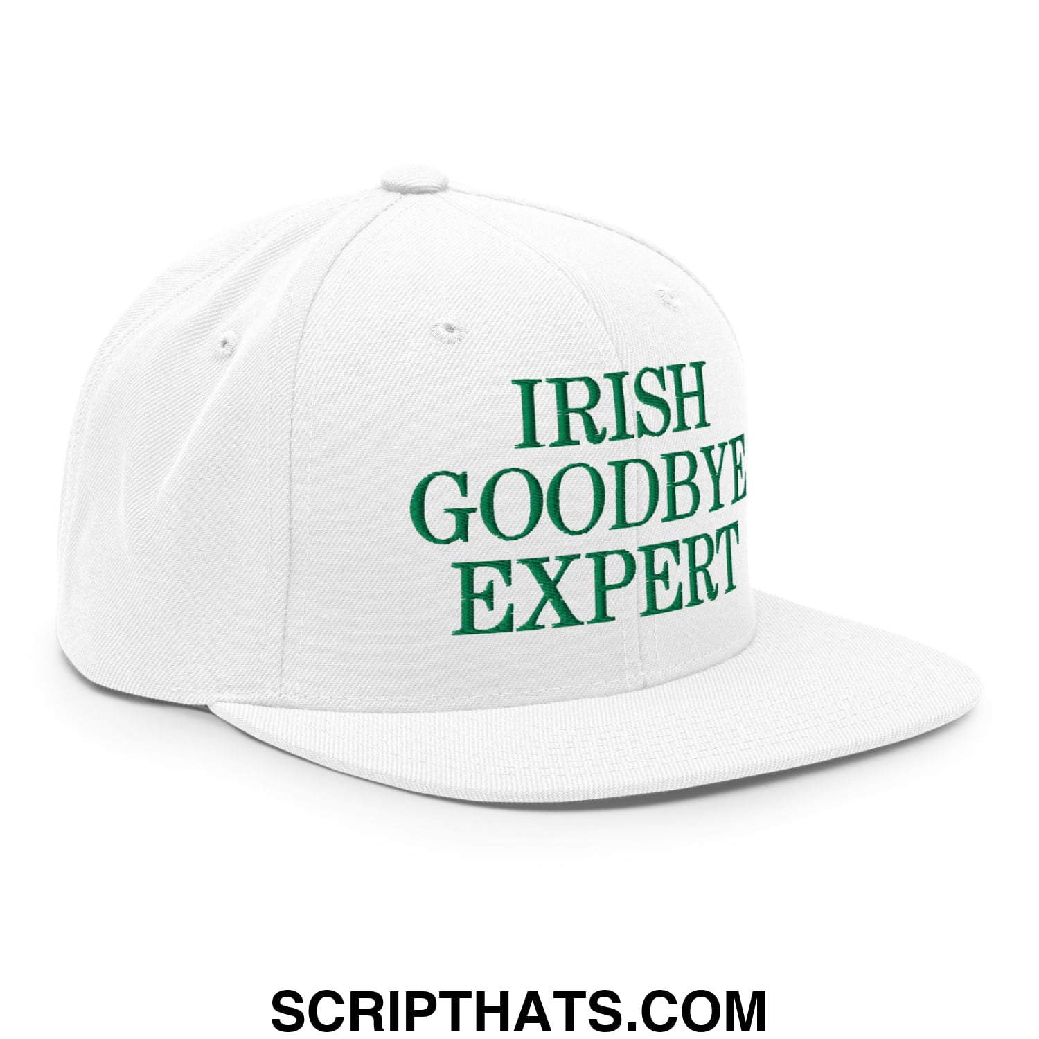 White snapback cap with green embroidered irish goodbye expert text and flat bill brim for casual wear