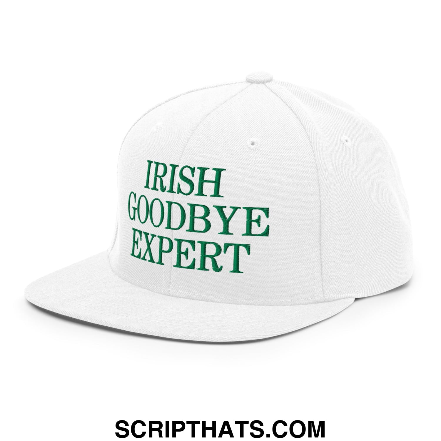 White snapback cap with green embroidered irish goodbye expert text and flat bill brim for casual wear