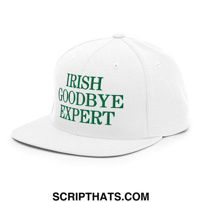 White snapback cap with green embroidered irish goodbye expert text and flat bill brim for casual wear