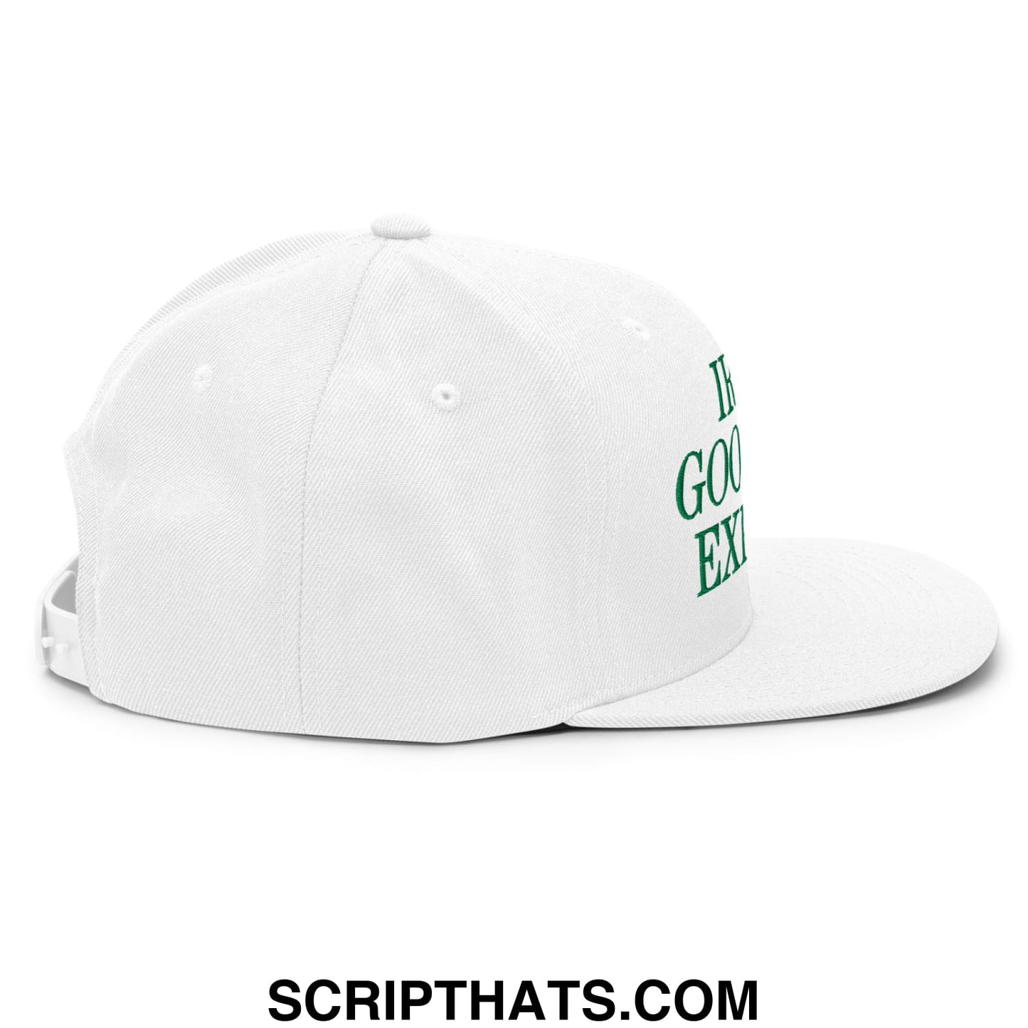 White snapback cap with green embroidered text on the side irish goodbye expert flat bill brim hat