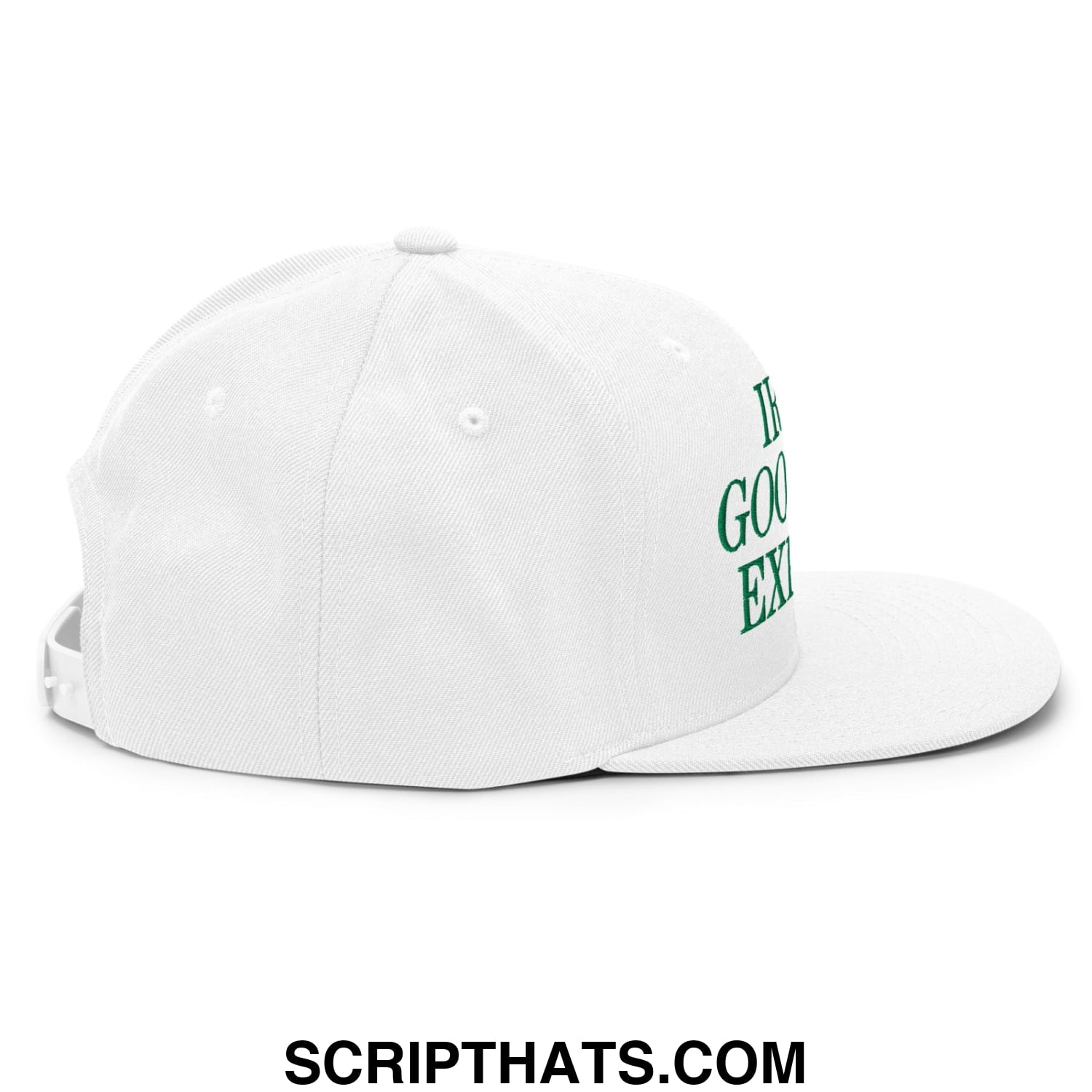 White snapback cap with green embroidered text on the side irish goodbye expert flat bill brim hat