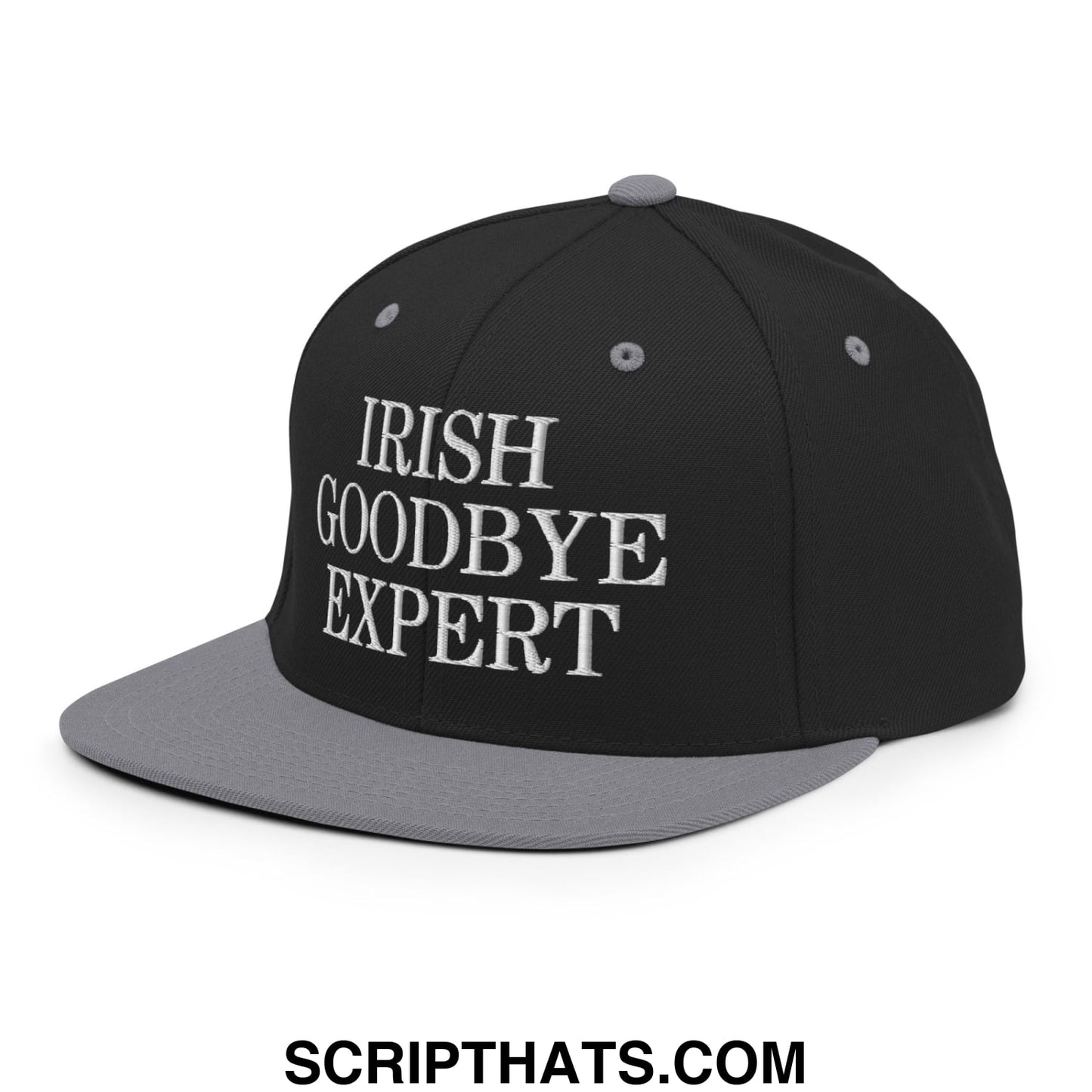 Black and gray snapback cap with irish goodbye expert embroidered in white flat bill brim for casual wear