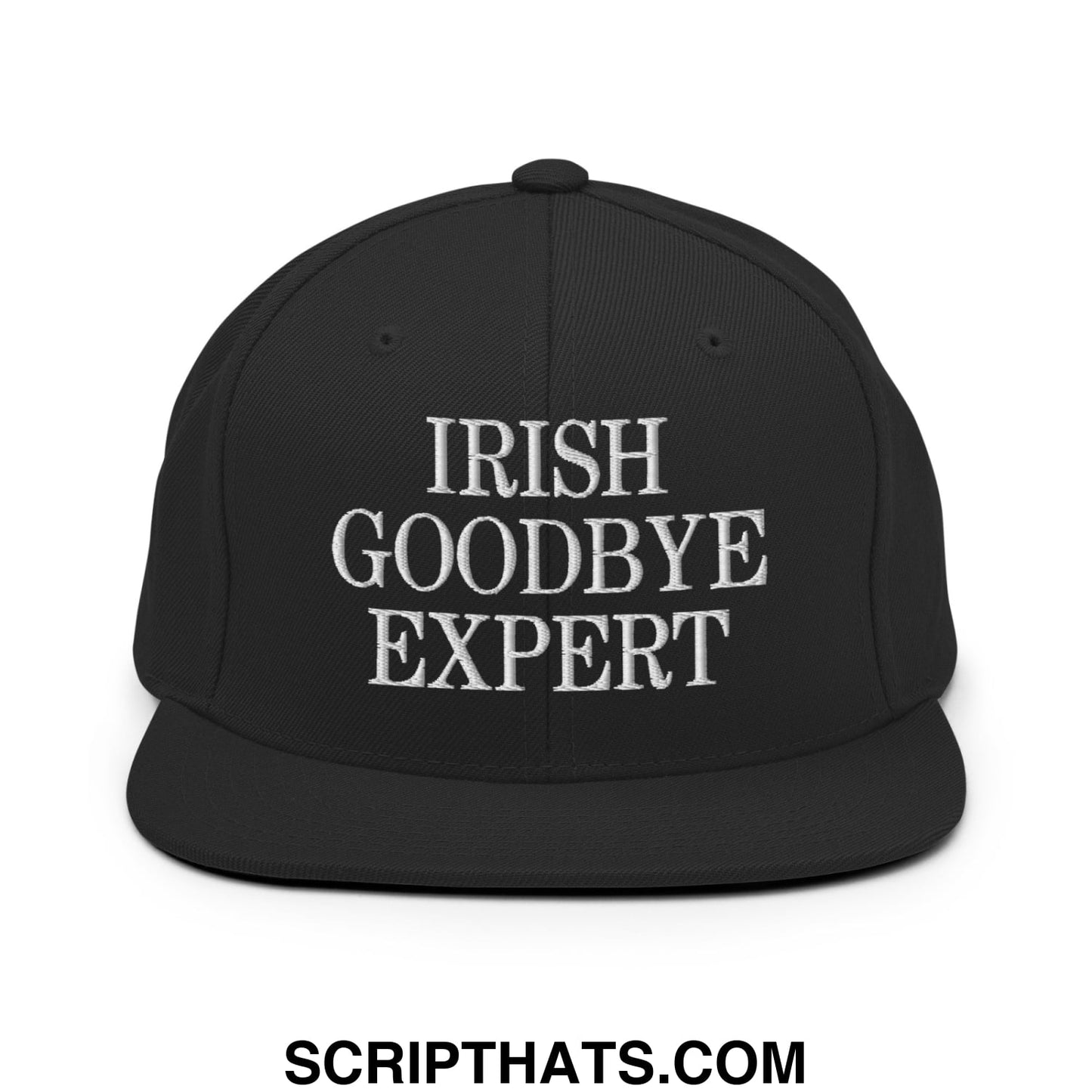 Black snapback cap with white embroidered irish goodbye expert text flat bill brim for casual wear