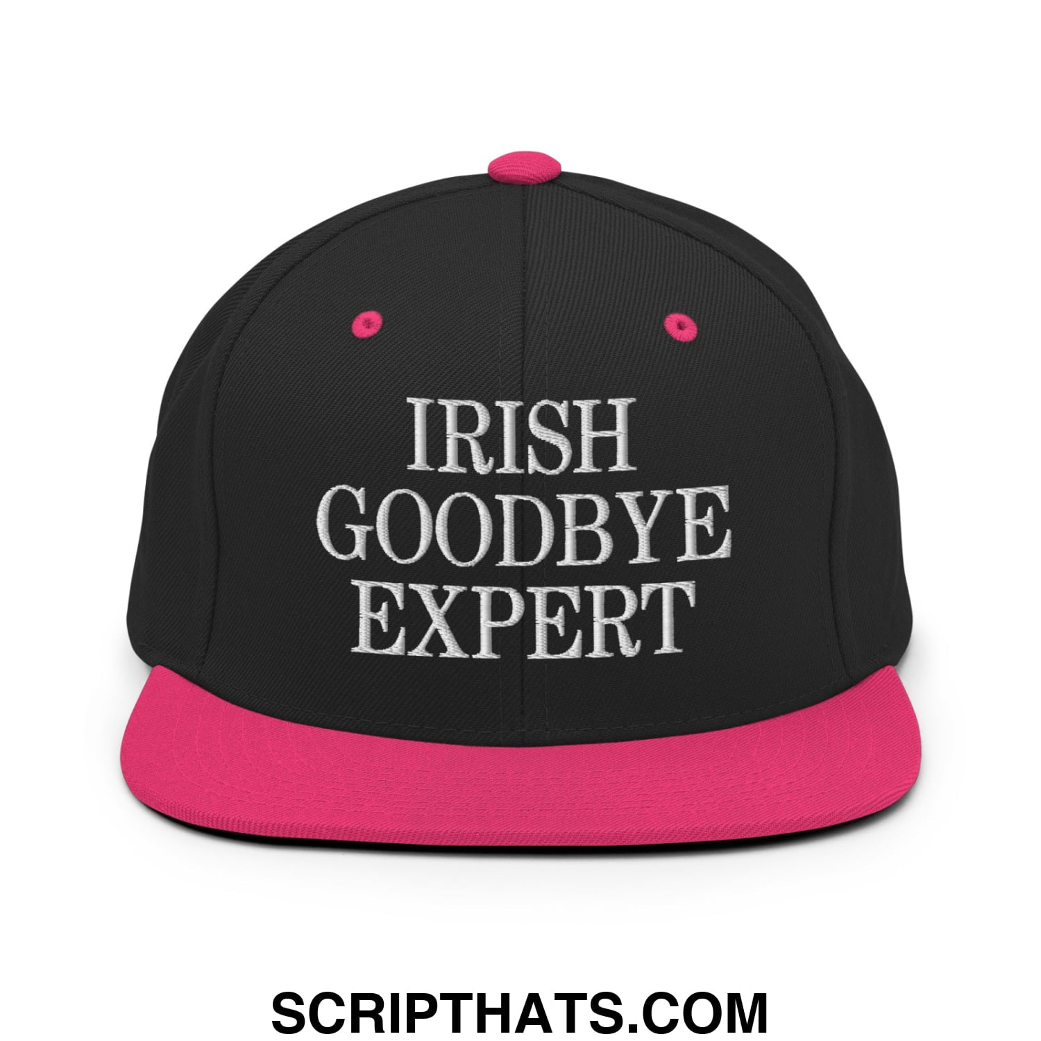 Black snapback cap with flat bill, vibrant pink brim and button, white embroidered irish goodbye expert text
