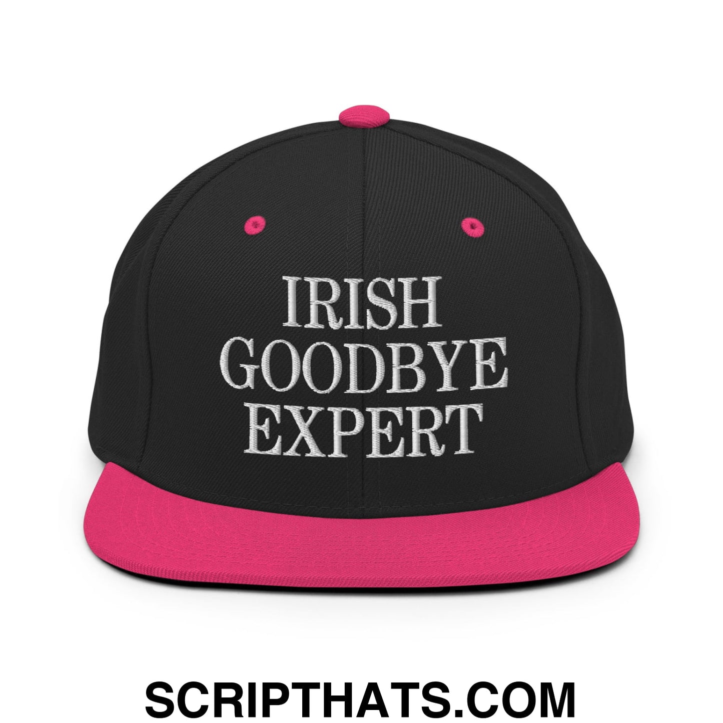 Irish Goodbye Expert Embroidered Flat Bill Brim Snapback Hat Black Neon Pink